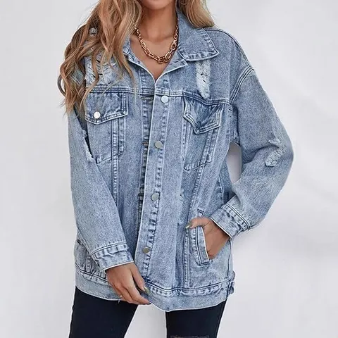 Women's Oversized Distressed Denim Jacket Boyfriend Style Washed Ripped Jeans Jacket Top Outerwear For Streetwear Casual Wear