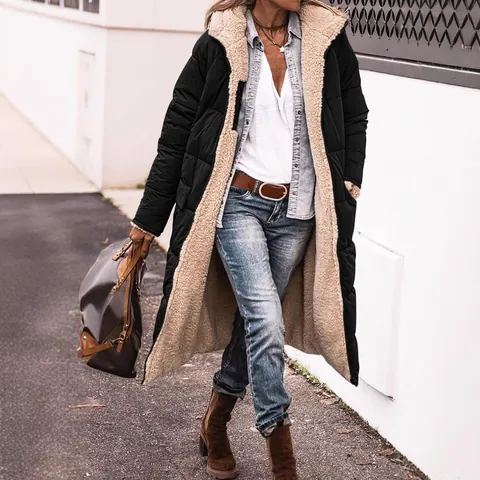Women Casual Organic Cotton Mid-Long Hooded Quilted Coat Sherpa Lined Thickened Warm Jacket Solid Color Outerwear Winter