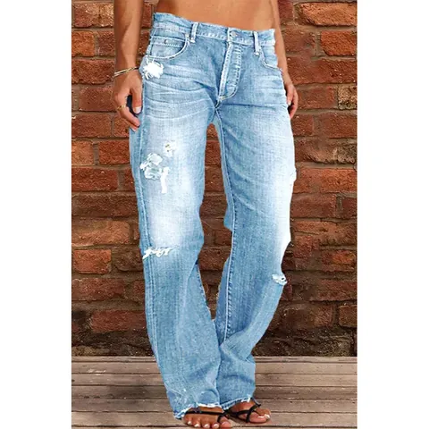 Women High Waisted Distressed Ripped Flare Jeans Washed Raw Hem Denim Pants Vintage Streetwear Slimming Bottoms Long Trousers