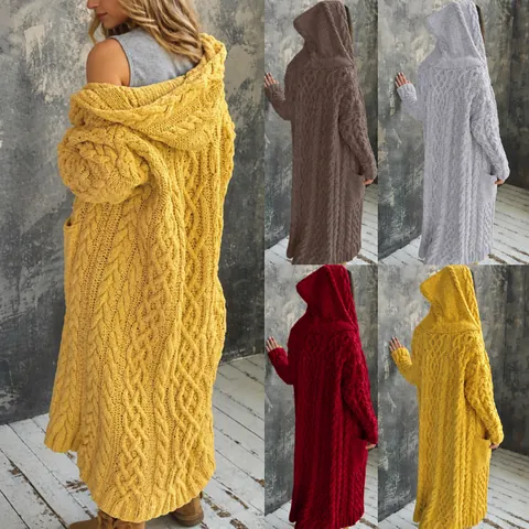 Women Long Cable Knit Cardigan Hooded Sweater Open Front Coat With Pockets Solid Color Casual Loose Knitwear Outerwear Top