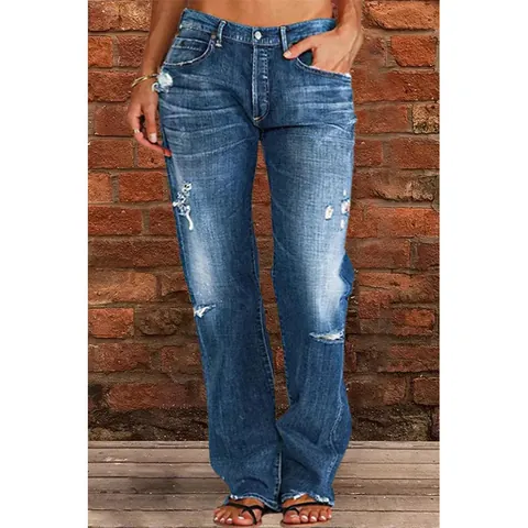 Women High Waisted Distressed Ripped Flare Jeans Washed Raw Hem Denim Pants Vintage Streetwear Slimming Bottoms Long Trousers