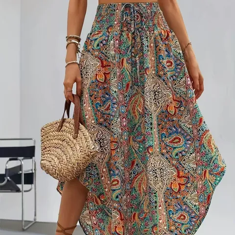 Women Bohemian Floral Print A-Line Skirt Polyester High Smocked Waist Midi Skirt Ethnic Paisley Drawstring Vacation Long Skirt