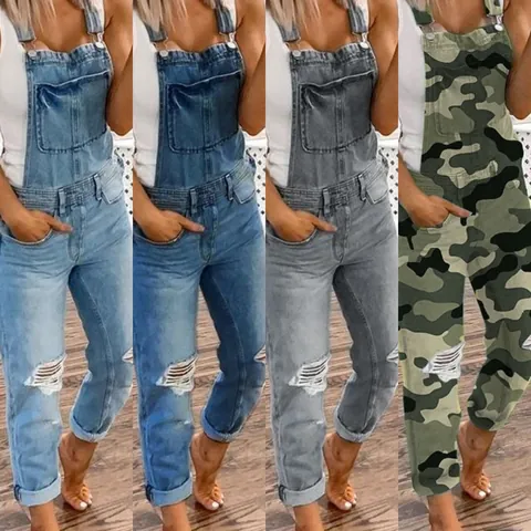Mono de Peto de Mezclilla para Mujer Roto Ajustado Camuflaje Color Sólido Casual Streetwear Peto para Mujer