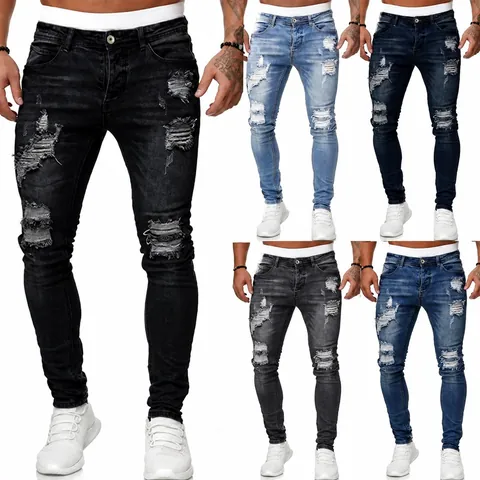 Jeans Skinny Déchiré pour Hommes Slim Fit Pantalons en Denim Distressed avec Design Effiloché Lavé Extensible Décontracté Streetwear Bas
