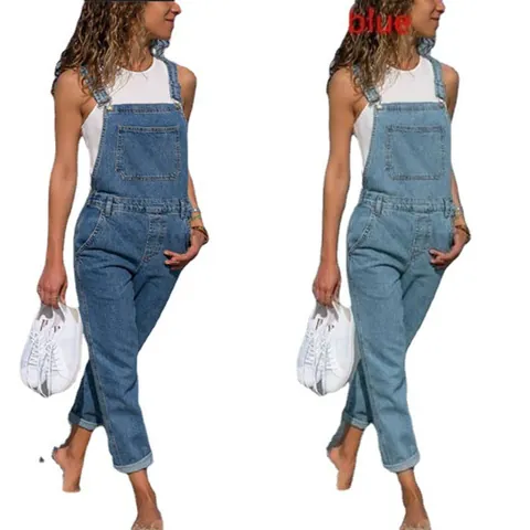 Women Casual Denim Overalls Bib Jumpsuit Adjustable Straps Washed Cotton Solid Color Slim Romper Top And Bottom For Women