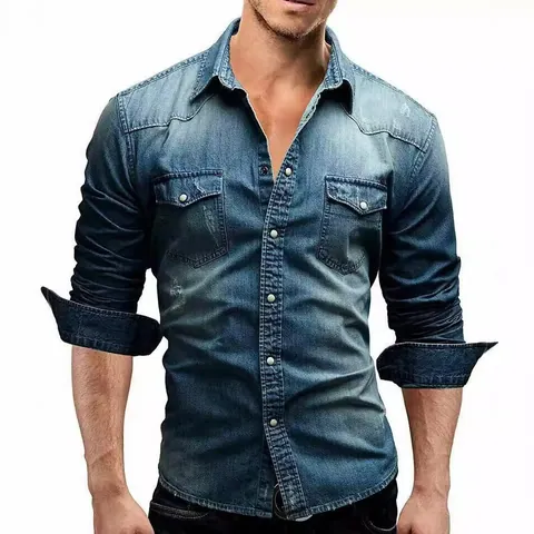 Men Casual Slim Fit Denim Shirt Jacket Washed Distressed Long Sleeve Cotton Blend Top With Pockets Daily Streetwear