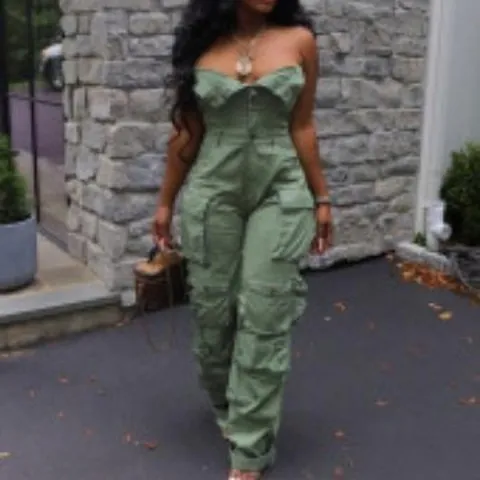 Women Sexy Strapless Button Front Jumpsuit Polyester Multi Pocket Cargo Overall High Waist Commuter Style Wide Leg Romper