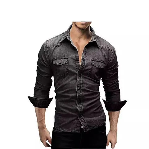 Men Casual Slim Fit Denim Shirt Jacket Washed Distressed Long Sleeve Cotton Blend Top With Pockets Daily Streetwear