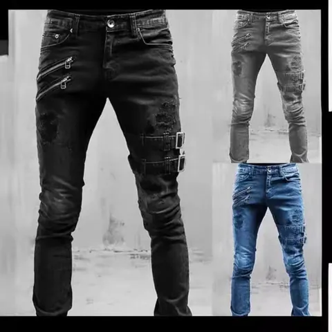 Vaqueros Ajustados para Hombre Corte Slim Estilo Motero Pantalones de Mezclilla Desgastados con Detalles de Cremallera y Hebilla Pantalones de Algodón Streetwear Casual para Hombre