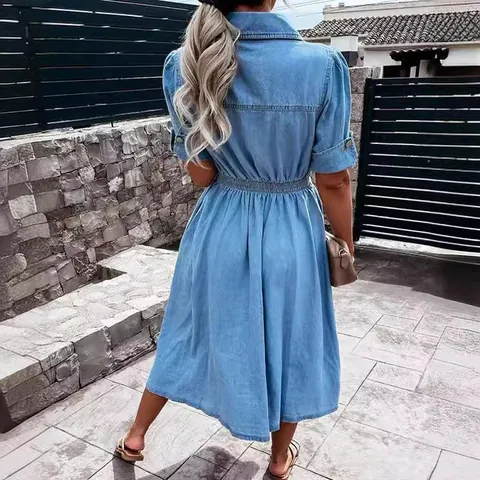 Women's Casual Denim Midi Dress Lapel Short Sleeve Button Down Shirt Dress Slim Fit A-Line Cotton Linen Jean Dress With Pockets