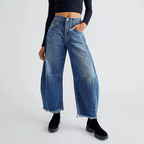 Vaqueros de Talle Alto Pata Ancha para Mujer Dobladillo Deshilachado Pantalones Denim Holgados Casual Streetwear Bottoms