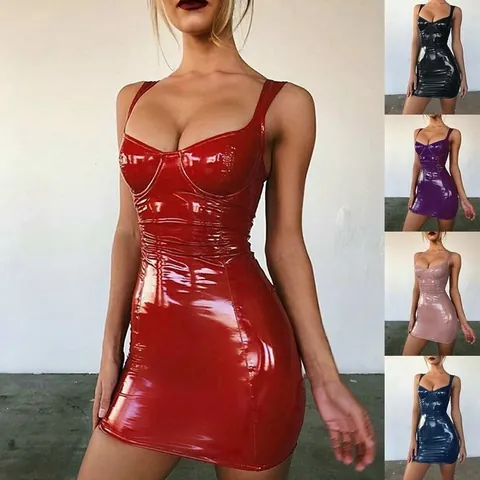 Women Sexy Glossy PU Leather Cami Dress Slim Fit Bodycon Mini Dress For Nightclub Party Shiny Latex Look Clubwear Dress