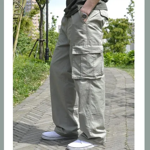 Pantalon Cargo Homme Grande Taille Multi-Poches Coupe Ample Décontracté en Coton Pantalon Droit pour Activités de Plein Air