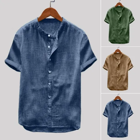 Lässiges Herren Baumwollmischung Kurzarmhemd Stehkragen Patchwork Einfarbig Lockeres Oberteil Für Sommer Alltag Mode Kleidung