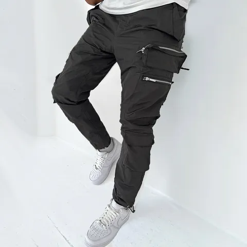 Men's Casual Cotton Cargo Pants Multi-Pocket Solid Color Loose Straight Long Pants For Daily Wear Outdoor Streetwear