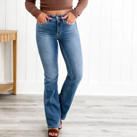 Women High Stretch Cotton Skinny Jeans Mid Waist Slimming Denim Pencil Pants Washed Faded Cropped Length Daily Casual Denim Trousers