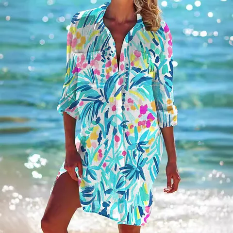Women Cotton Linen Printed Button Down Shirt Mid-Length Loose Short Sleeve Blouse Beach Cover Up Casual Tropical Holiday Top