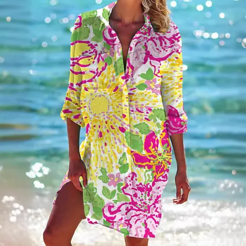 Women Cotton Linen Printed Button Down Shirt Mid-Length Loose Short Sleeve Blouse Beach Cover Up Casual Tropical Holiday Top