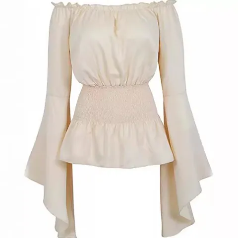 Women Renaissance Off Shoulder Blouse Medieval Smocked Waist Flared Sleeve Top Bohemian Vintage Pirate Cosplay Costume Shirt