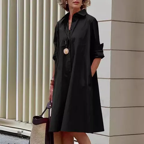 Women's Casual Cotton Linen Shirt Dress Mid-Length Long Sleeve Button Down Loose Fit Solid Color Commuter Elegant Midi Dress Top