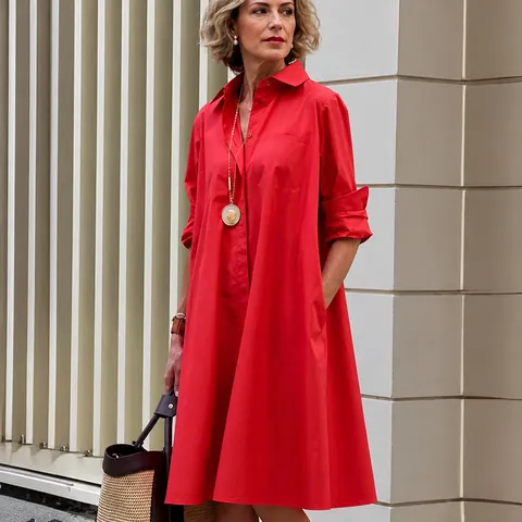 Women's Casual Cotton Linen Shirt Dress Mid-Length Long Sleeve Button Down Loose Fit Solid Color Commuter Elegant Midi Dress Top