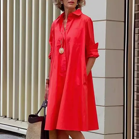 Women Casual Cotton Linen Button Down Shirt Dress Loose Long Sleeve Lapel Midi Dress Solid Color Gradient Elegant Comfort Top