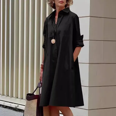 Women Casual Cotton Linen Button Down Shirt Dress Loose Long Sleeve Lapel Midi Dress Solid Color Gradient Elegant Comfort Top