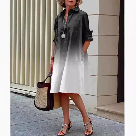 Women Casual Cotton Linen Shirt Dress Loose Button Down Long Sleeve Midi Dress With Pockets Gradient Solid Color Commuter Clothing