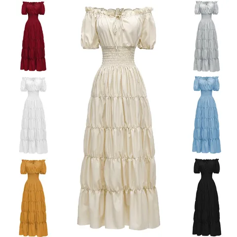 Vestido Largo Renacentista Medieval para Mujer Hombros Descubiertos Cintura Elástica Falda de Capas Retro Halloween Cosplay Disfraz Top