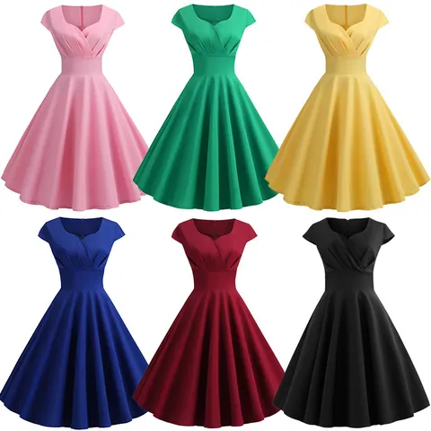 Vestido Midi Retro Hepburn para Mujer Cuello en V Fruncido Manga Corta Elegante Acampanado Swing Party Gown Poliéster Color Sólido