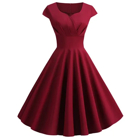 Vestido Midi Retro Hepburn para Mujer Cuello en V Fruncido Manga Corta Elegante Acampanado Swing Party Gown Poliéster Color Sólido