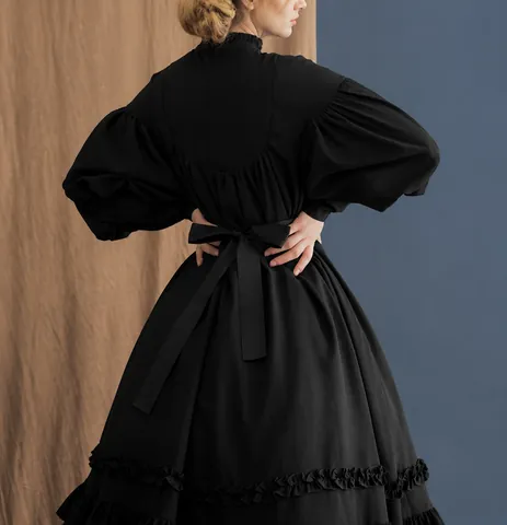 Japanese Maid Cosplay Lolita Dress Women Long Sleeve Ruffle Lantern Sleeve Vintage Button Decor Gothic Party Dress