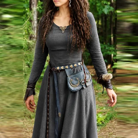 Women's Retro Medieval Ethnic Solid Color Long Sleeve Maxi Dress Cotton Lace Round Neck Waist Cinch Swing Dress