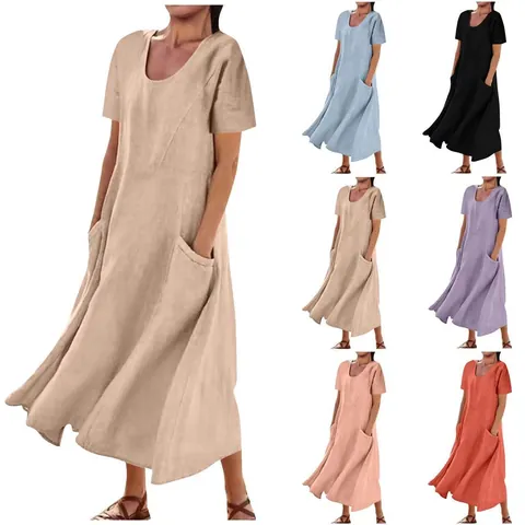 Women's Casual Cotton Linen Maxi Dress Short Sleeve Round Neck Loose Fit Dress With Pockets Solid Color Summer Dress