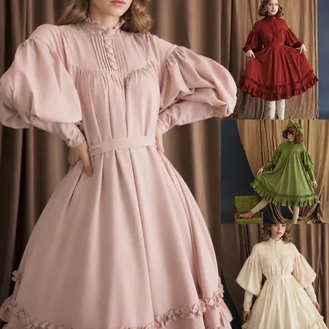 Vintage Women Victorian Lolita Maid Dress Puff Sleeve Ruffle Hem High Neck A-Line Polyester Party Cosplay Top And Bottom