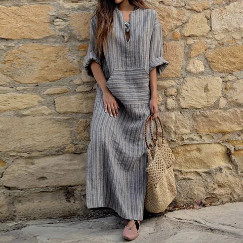 Robe Longue Rayée à Col en V pour Femmes Robe Longue en Polyester à Manches Courtes Coupe Ample Décontractée Style Bohème pour Plage Été Avec Poches