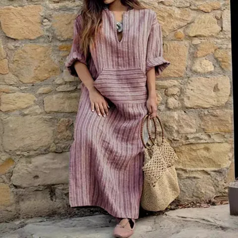 Robe Longue Rayée à Col en V pour Femmes Robe Longue en Polyester à Manches Courtes Coupe Ample Décontractée Style Bohème pour Plage Été Avec Poches