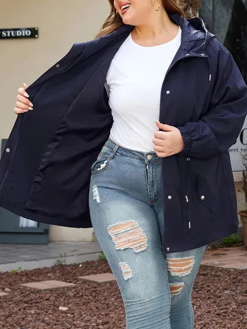 Women Plus Size Outdoor Hooded Jacket Waterproof Windproof Drawstring Waist Hiking Jacket Long Sleeve Solid Color Outerwear Top