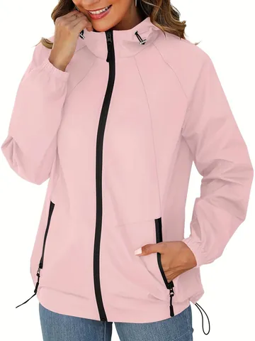 Women's Lightweight Outdoor Windbreaker Jacket Hooded Zip Up Thin Casual Windproof Coat Solid Color Long Sleeve Outwear