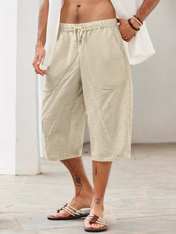 Men's Casual Cotton Linen Beach Shorts With Pockets Drawstring Waist Loose Fit Summer Vacation Streetwear Shorts