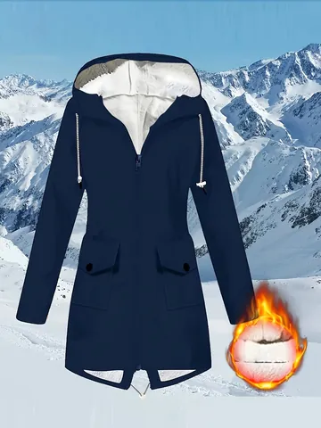 Women's Outdoor Hooded Jacket Waterproof Windproof Fleece Lined Hiking Coat Warm Winter Outerwear Long Sleeve Top