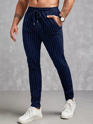Heren Casual Gestreepte Tapered Broek Trekkoord Slim Fit Broek Met Zakken Alle Seizoenen Polyester Onderkant Voor Heren
