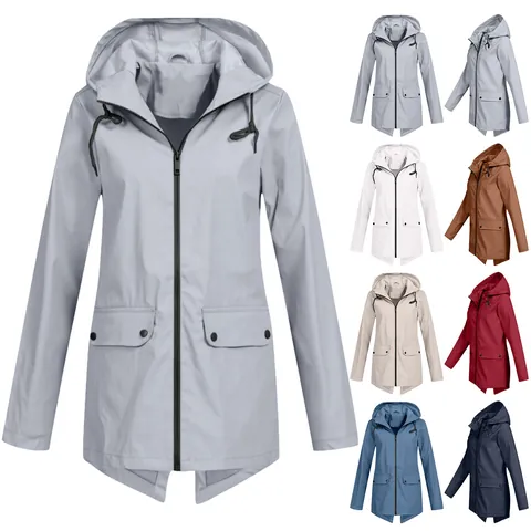 Women's Lightweight Hooded Windbreaker Jacket Casual Solid Color Outdoor Windproof Coat With Pockets Swallowtail Hem Top