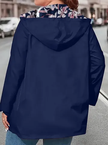 Women's Lightweight Outdoor Hooded Windbreaker Jacket With Floral Lining Drawstring Waist Plus Size Polyester Top For Casual Travel