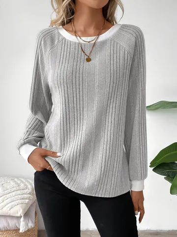 Γυναικείο Casual T-Shirt Ευρωπαϊκού Στυλ Μακρύ Μανίκι Στρογγυλή Λαιμόκοψη Μπλούζα Ριμπ Τυπωτό Patchwork για Καθημερινή Άνεση