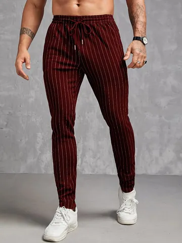 Heren Casual Gestreepte Tapered Broek Trekkoord Slim Fit Broek Met Zakken Alle Seizoenen Polyester Onderkant Voor Heren