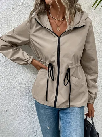 Women's Waterproof Windbreaker Jacket Hooded Drawstring Waist Outdoor Climbing Long Sleeve Loose Fit Polyester Outerwear Top