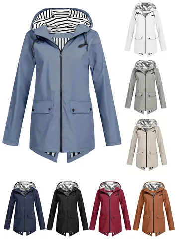 Women Lightweight Hooded Windbreaker Jacket Water Resistant Outdoor Windcheater With Striped Lining Zip Up Casual Outwear Coat