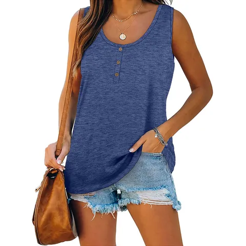 Women's Casual Cotton Round Neck Sleeveless Tank Top With Buttons Henley Neck Solid Color Loose Fit Summer T-Shirt Top