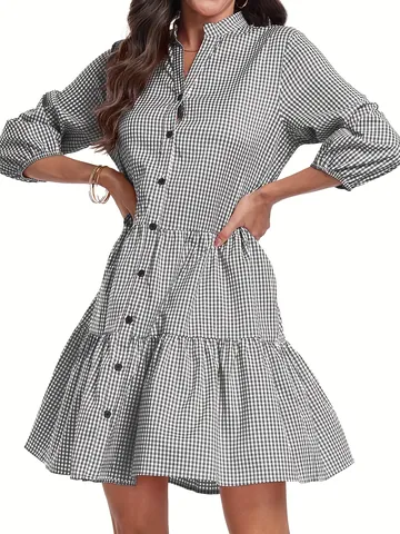 Women Casual Gingham Plaid Stand Collar Shirt Dress Polyester Tiered Hem Single Breasted Half Sleeve Midi Dress